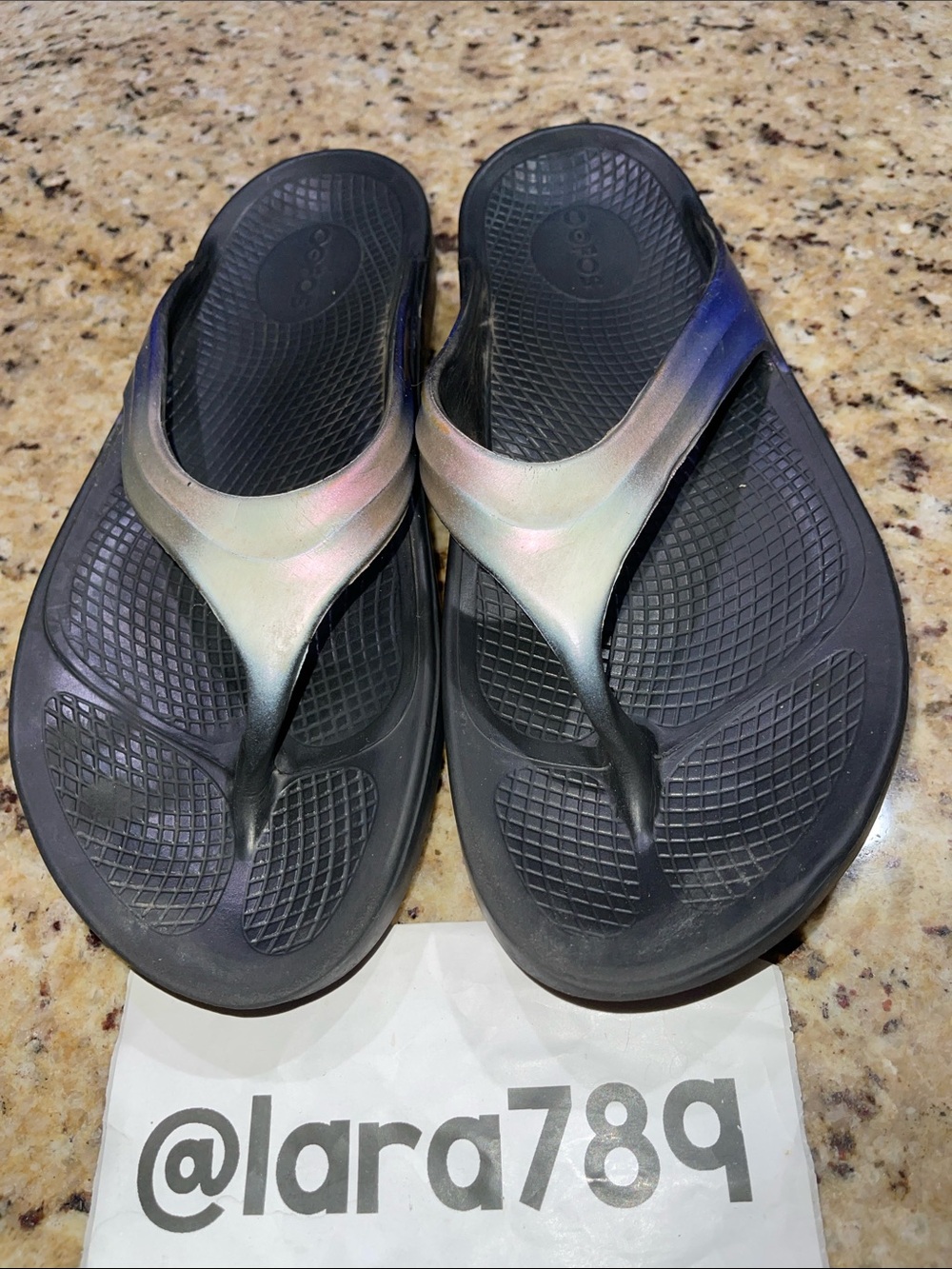 Oofos Iridescent Strap Black Footbed Flip Flops